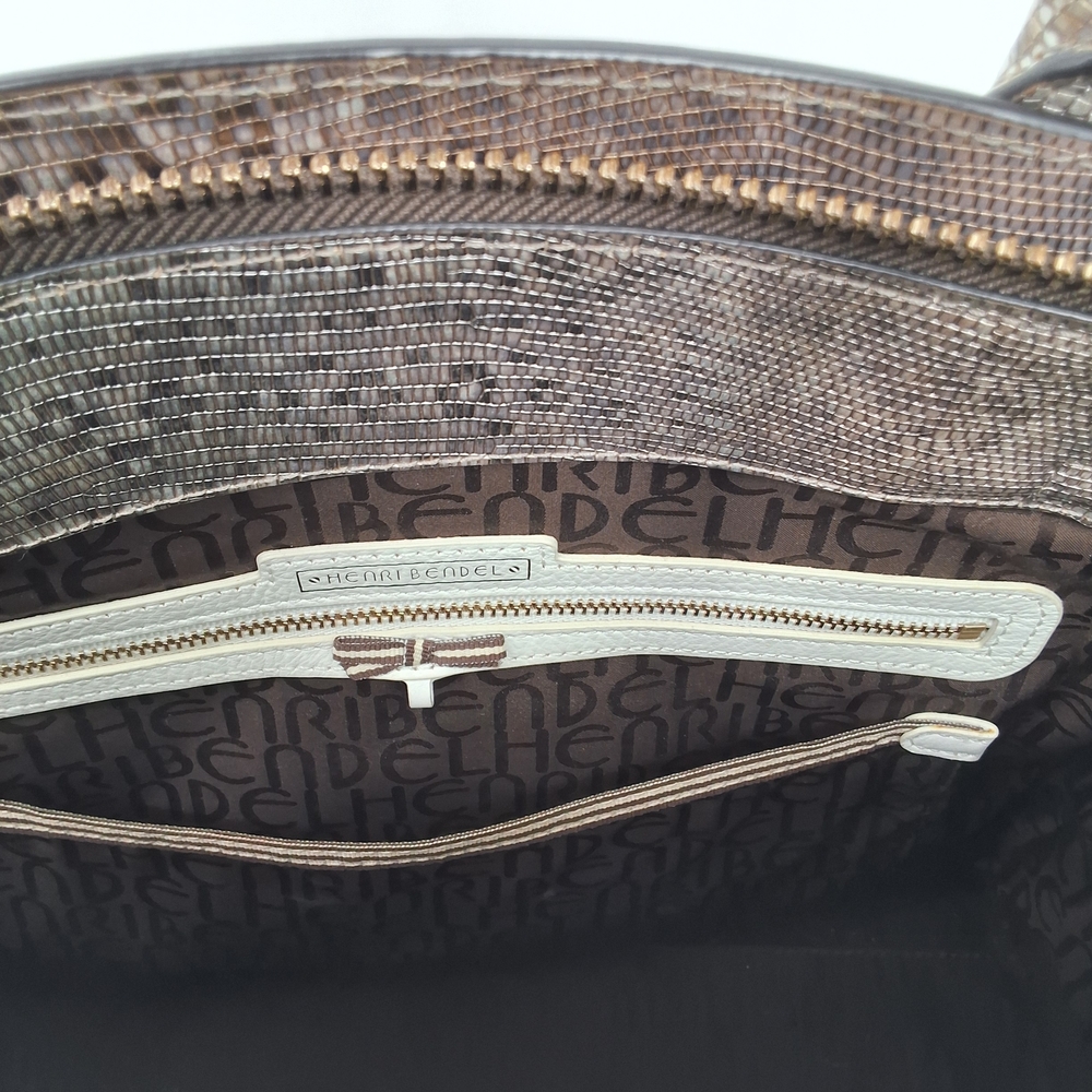 HENRY BENDEL Copper Brown Metallic Large Lizard Print Carlyle Tote - Picture 8 of 9